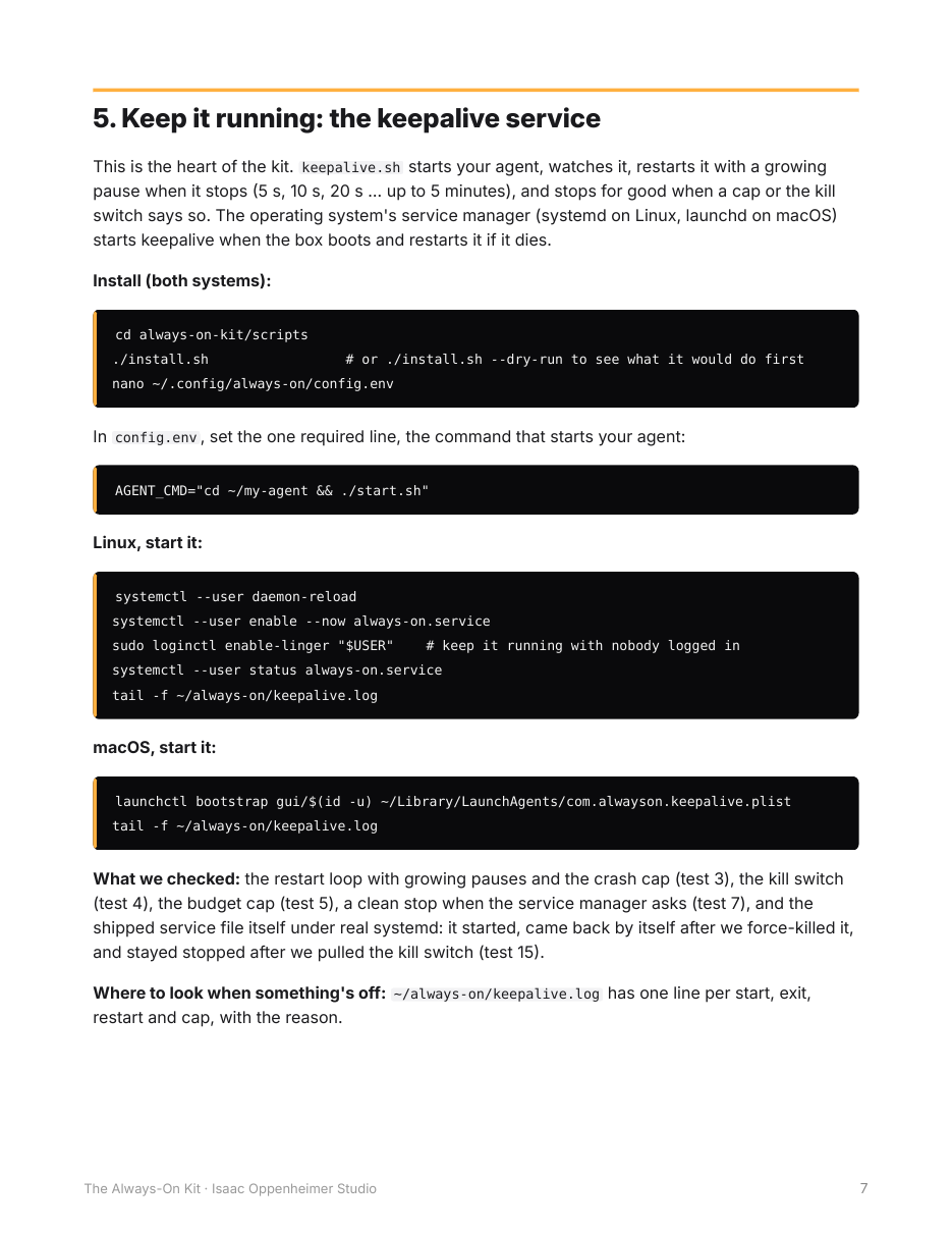 Page 7 of the guide: section 5, the keepalive service, with the systemd unit file